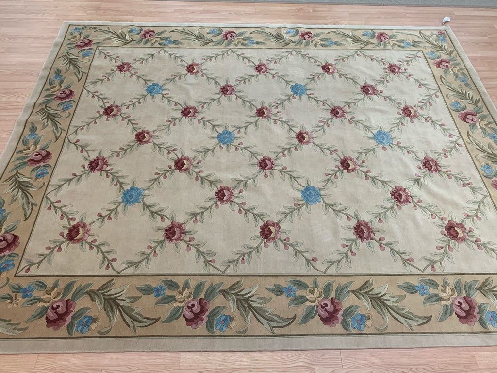 Hand-Knotted Wool & Silk Beige Lattice Carved Floral Border Rug (8'x10')