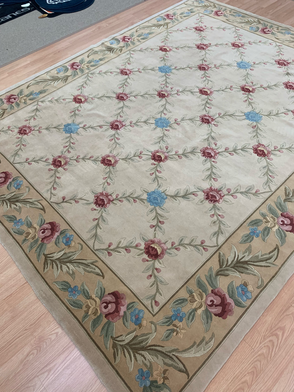 Hand-Knotted Wool & Silk Beige Lattice Carved Floral Border Rug (8'x10')