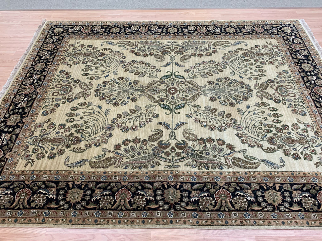 Vintage Hand-Knotted Wool Gold/Black Jaipura Rug (7'8"x9'10")
