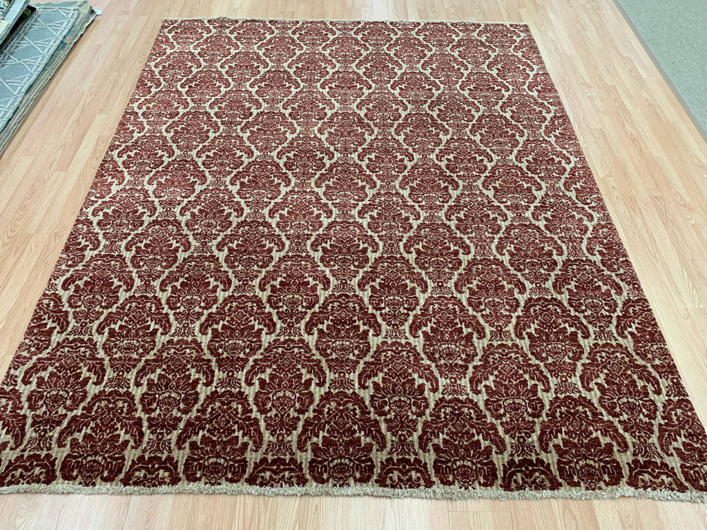 Hand-Knotted Wool Red Damask Rug (7'10"x9'9")