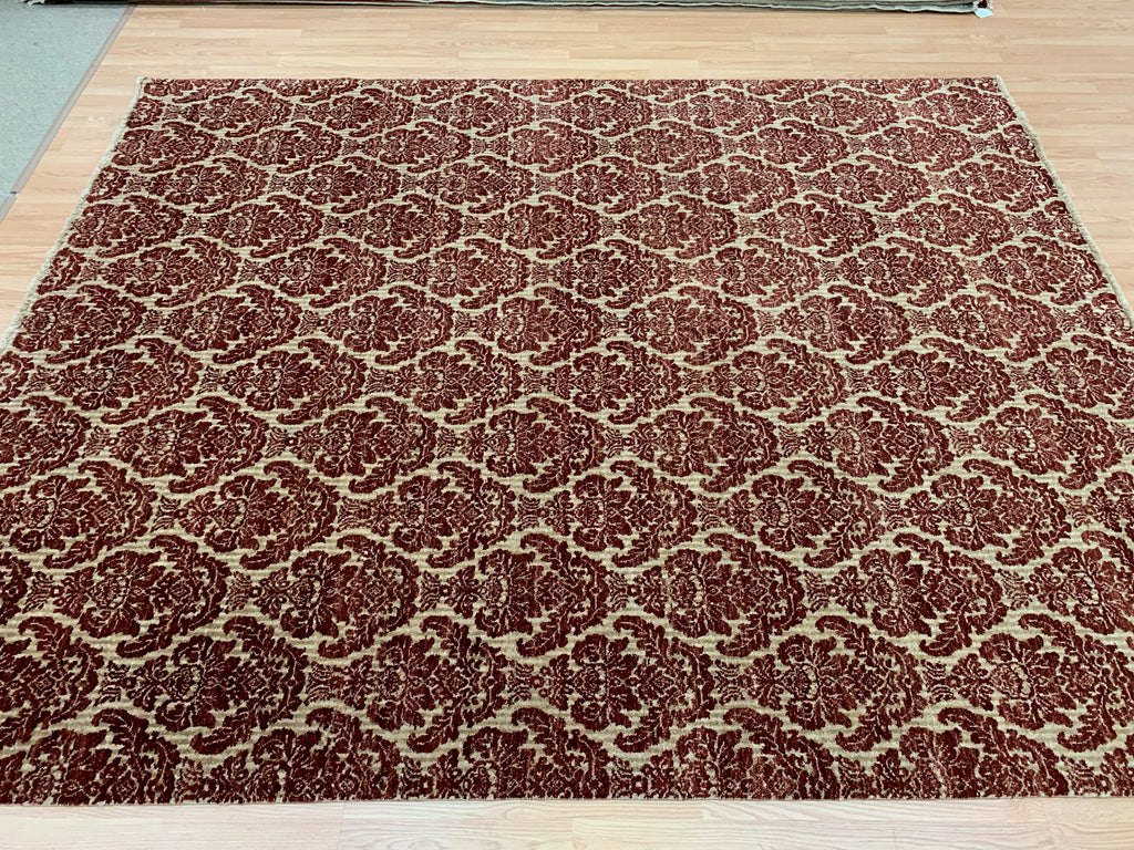 Hand-Knotted Wool Red Damask Rug (7'10"x9'9")