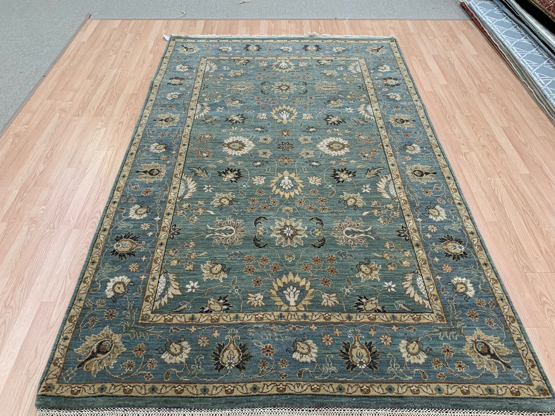 Hand-Knotted Wool Sea Green Agra Rug (6'4"x9'11")