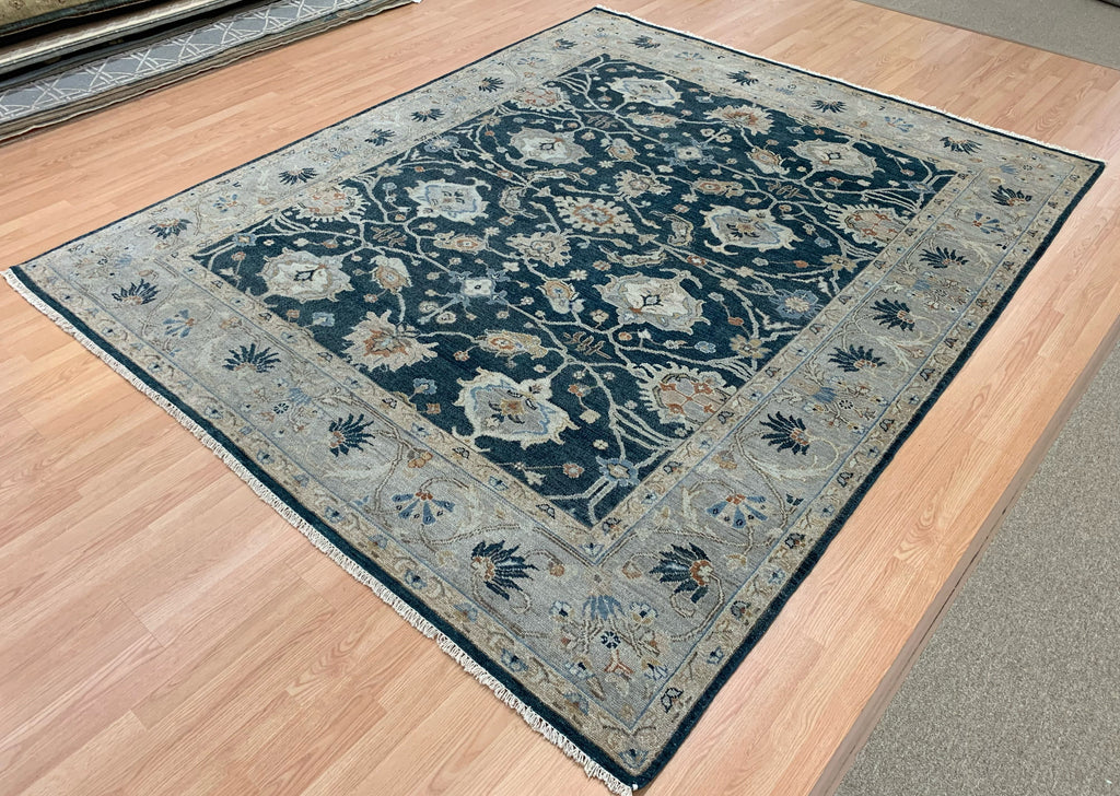 Hand-Knotted Wool Blue Oushak Rug (8'3"x9'10")